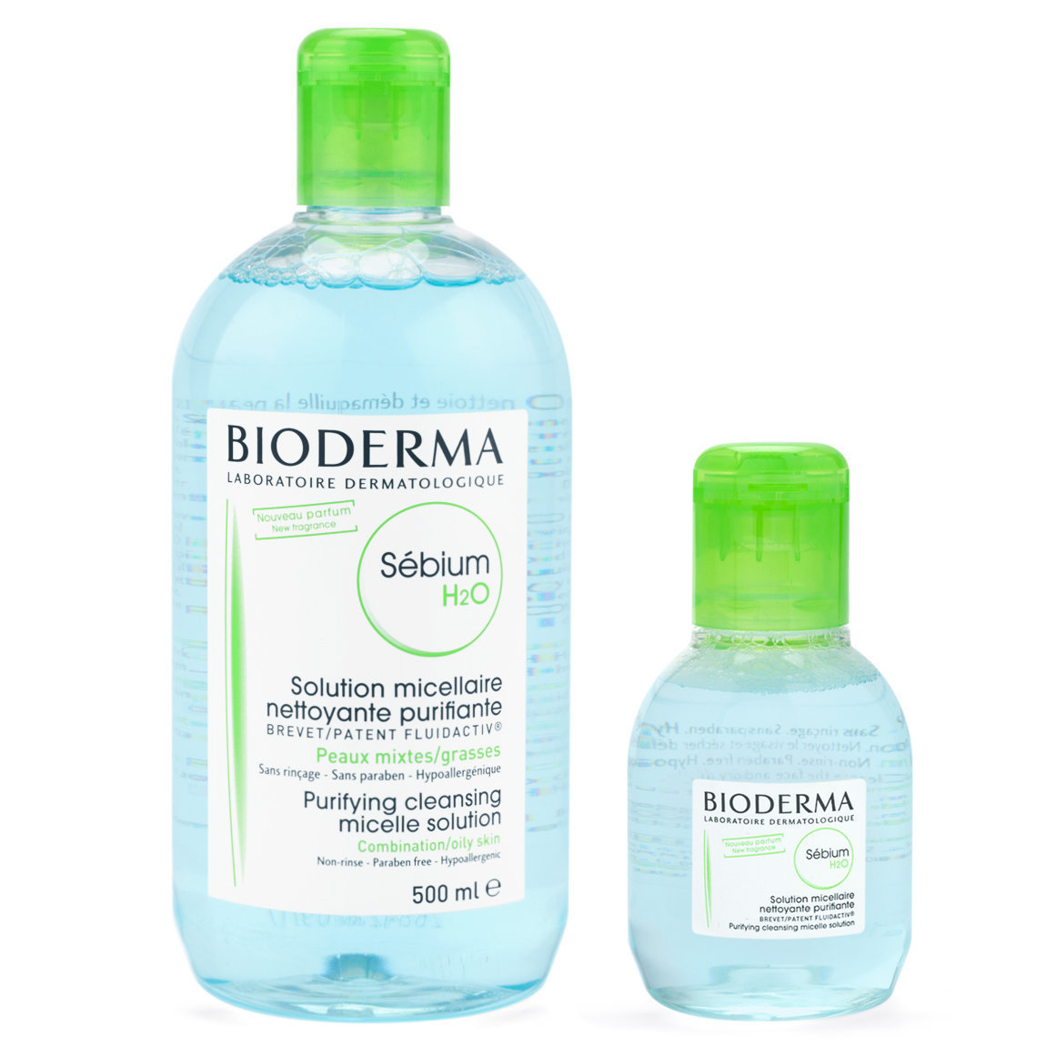 Bioderma Sébium H2O 500 ml (+100 ml Travel Size) product smear.
