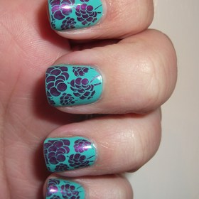 Aqua and purple flower nails. What kind of flowers are these?