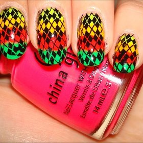 Neon Rainbow Argyle Nails
Nail tutorial & more photos here: http://www.swatchandlearn.com/nail-art-tutorial-neon-rainbow-argyle-konadicure-using-konad-image-plate-m60/