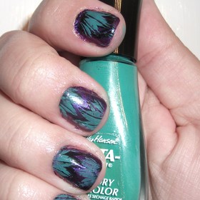 Turquoise, Black and Purple Feather Nails