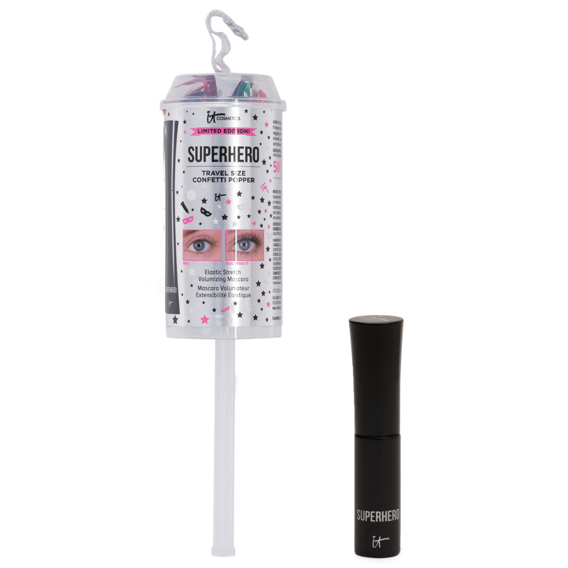 IT Cosmetics Superhero Mascara Travel Size Confetti Popper product smear.
