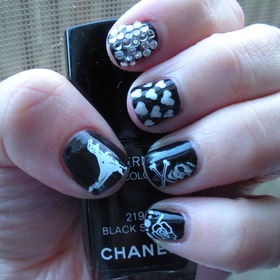 Chanel Black Satin, Konad stamping plates, and a hot topic stamping plate I bought years ago :)