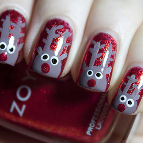 Rudolph reindeer mani!

Polishes Used-
Base color-China Glaze-Ring in the Red
Rudolph's face, ears & antlers-Zoya-Jana
His red nose-Zoya-Lisa
& for his eyes I used 
Sinful Colors-Snow me White
& Wet n Wild Black Creme.

I used a dotting tool and a nail ar