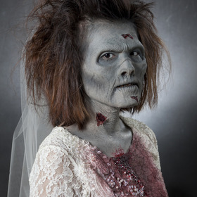 My pregnant bride zombie with gelatin facial prosthetics. 