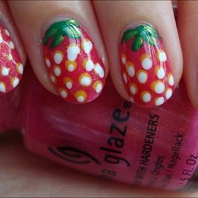 Strawberry Nails
Nail tutorial & more photos here: http://www.swatchandlearn.com/nail-art-tutorial-strawberry-nails/