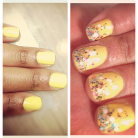 Not sure why but I really wanted yellow nails for my birthday. I had the day off so I treated myself to a mani/pedi and had the most horrible experience getting the polish on. Urgh! Anyhow, 3 re-polishes later I finally left the nail salon with the plain yellow nails. Then when I got home I added some glitter & white dots - just seemed more birthday appropriate!