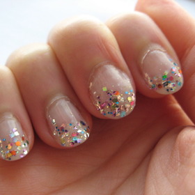milky nail with multi glitter tips
