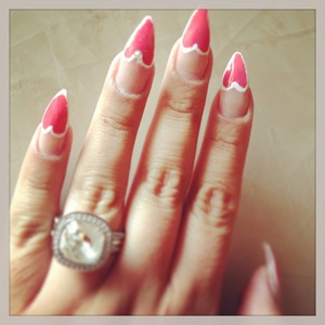 Heart nails pink white stiletto love ring 