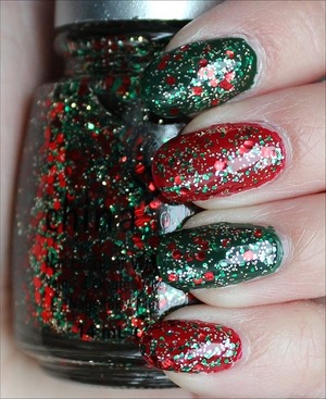 Rescue Beauty Lounge Recycle (green), China Glaze Ruby Deer (red) & China Glaze Party Hearty (glitter). More swatches here: http://www.swatchandlearn.com/what-i-wore-on-my-nails-for-christmas