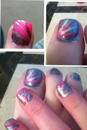 I did marble on my fingernails and just a firework design on my toe.
Check out this tutorial on doing marble nails
http://m.youtube.com/watch?v=D9A_9FH7e-A