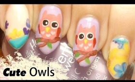 Cute Pink Owl Nail Art with Flowers