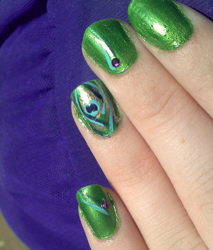 My first time doing nail art, Peacock themed