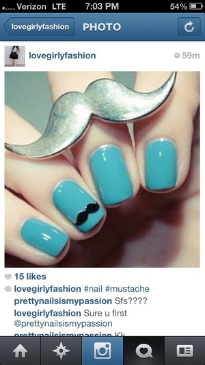 Turquoise nail polish+a black mustache=super cute! Especially with the silver mustache ring!
