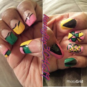 acrylic nails with green pink yellow design