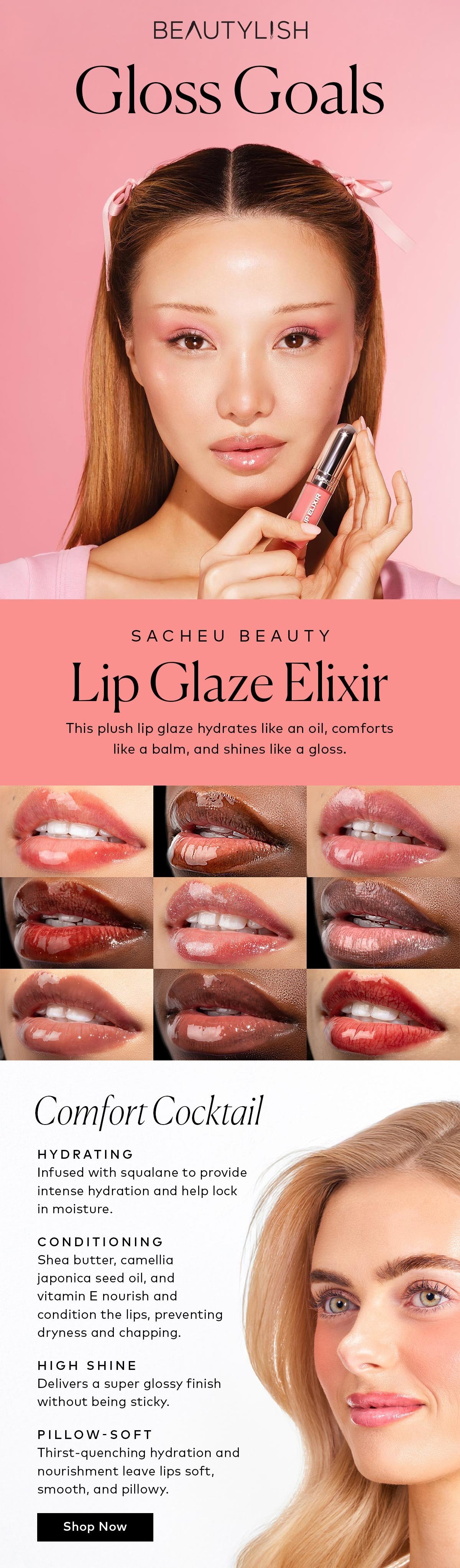 This plush lip glaze hydrates like an oil, comforts like a balm, and shines like a gloss. Shop the SACHEU Beauty Lip Glaze Elixir at Beautylish.com