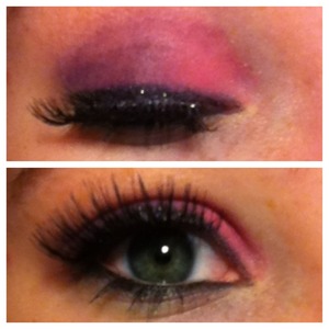 blend the pink and purple. Add eyeliner on the top and bottom line on the lashes. Add fake eyelashes and mascara.