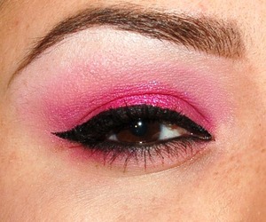 -BH cosmetics 88 color matte palette hot pink on lid.
-Blended some light pink from same palette from crease to browbone
-highlighted with a shimmery light pink from same palette
-with some glitter glue I packet some LaSplash shimmery Glitter mineral eyeshadow in the middle of the lid.
-eyeliner LaSplash liquid eyeliner
-light pink in the inner lower lashline and hot pink in outer lower lashline
-upper and lower water line with Rimmel soft kohl black eyeliner
-Eye lashes: Maybelline volume'xpress falsies mascara
- eyebrows with anastasia eyebrow duo in brunette