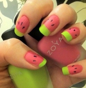 These nails are perfect for the summer because whenever I think of summer, cold, refreshing watermelon on a hot day comes to mind.