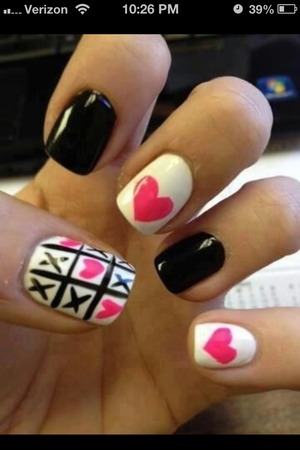 White, black, and pink with hearts and tic tack toe