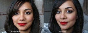 A comparison picture of both lipsticks by MAC: Ruby Woo and RiRi Woo