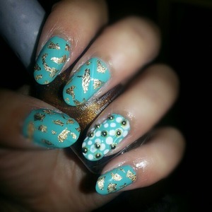 Aqua with loose gold leaf and gold stud accent. Gold leaf from Ebay and studs from Sally Beauty Supply