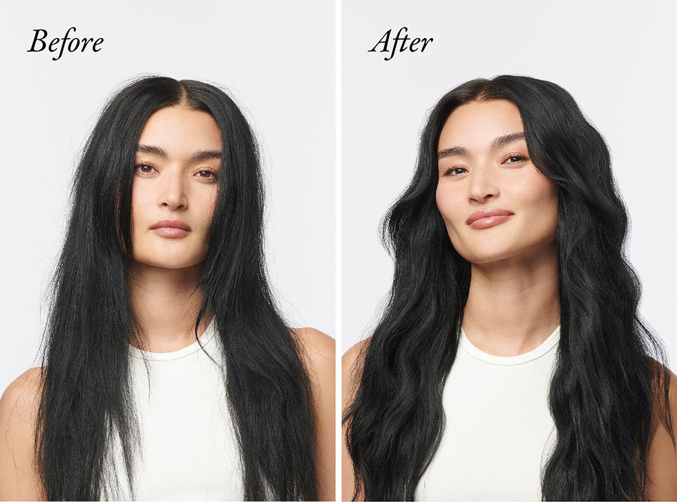 Oribe model before & after using the Hair Alchemy Heatless Styling Balm