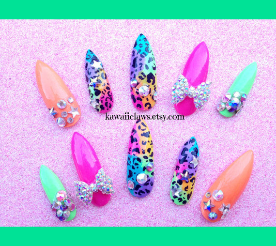 Neon Leopard with bows and stars Stiletto nails | Katherine A.'s ...