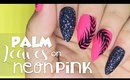 Palm Leaves on Neon Pink nail art