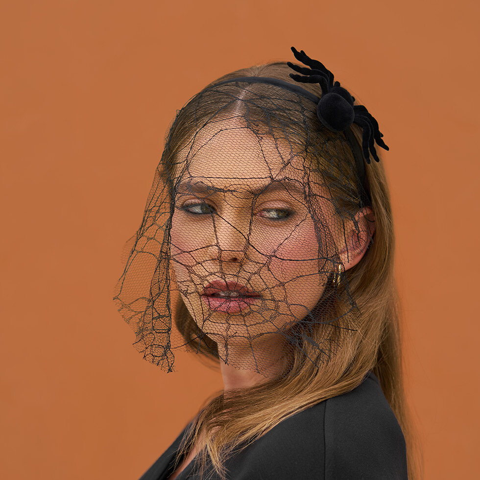 Model wearing Kitsch Veil Headband Spiderweb