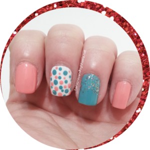 Full description & colors used up on the blog http://www.hairsprayandhighheels.net/2013/03/coral-teal-polka-dot-manicure-mani.html