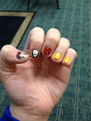 Penguins are my favorite animals Rudolph and dots are for Christmas and yellow is for those who died on Friday.