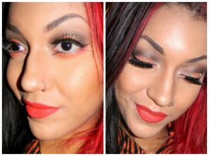 To create the orange lips I used Prestige lip liner in "Poppy" then topped it with NYX's "Extreme Apricot" shadow & Sugarpill's "Flamepoint".