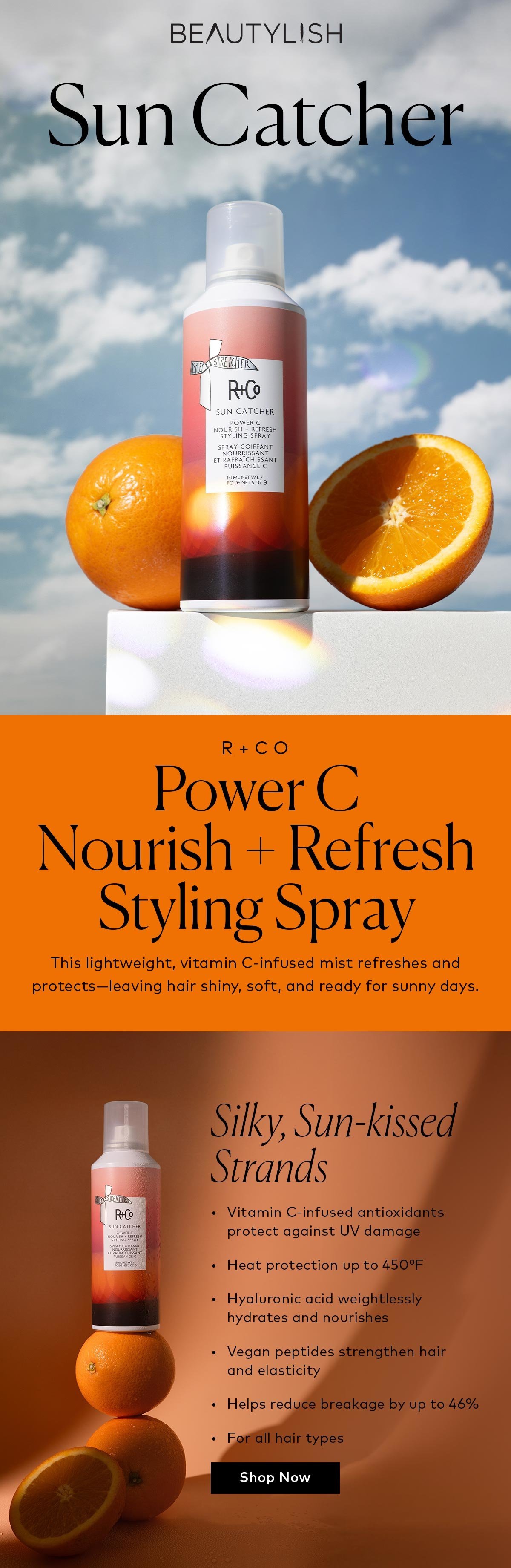 This lightweight, vitamin C-infused mist refreshes and protects—leaving hair shiny, soft, and ready for sunny days. Shop the R+Co Sun Catcher Power C Nourish + Refresh Styling Spray at Beautylish.com
