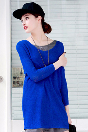 Blue jumper, featuring v neck, long sleeve styling, hollow design, solid color, draped detail, loose fit, soft touch fabric. Mixed with denim pants and boots is perfect.