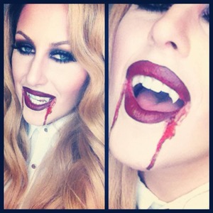 I got the fake blood and teeth (sexy bites) from the Halloween store. The teeth cost $20 but they are the ONLY teeth that actually stay on! Happy Halloween! 