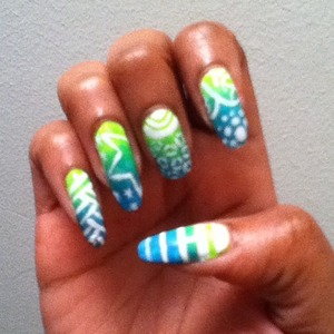 Lime green and teal ombre nails.