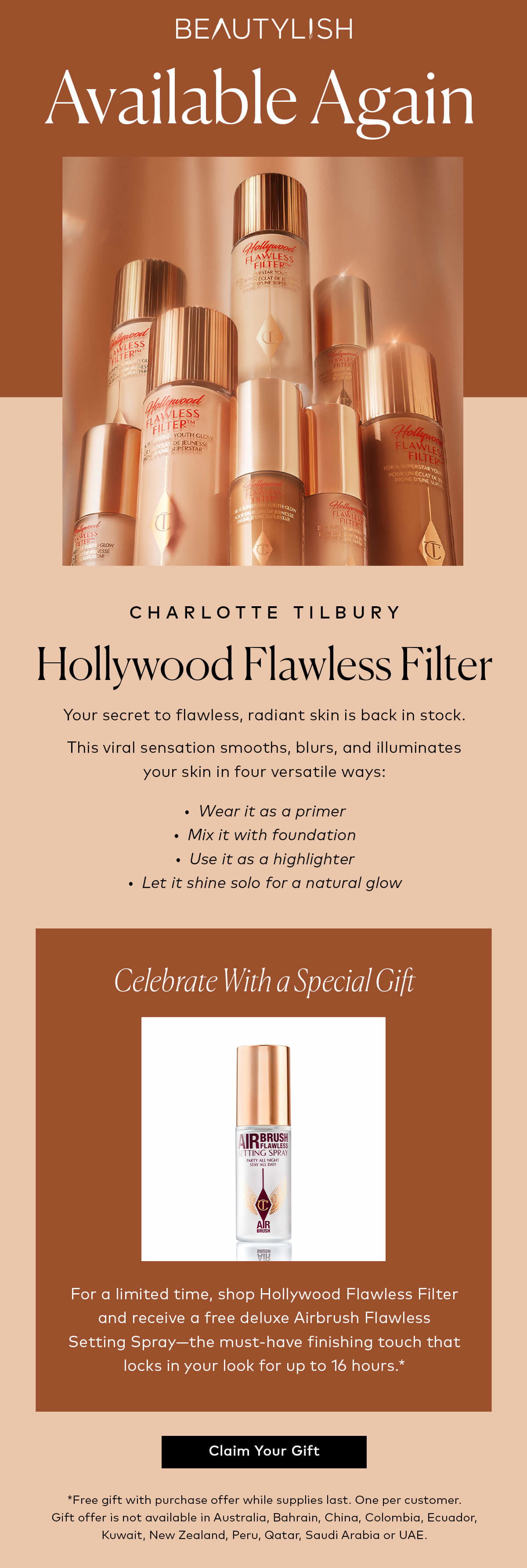 Shop Hollywood Flawless Filter at Beautylish.com and receive a free deluxe Airbrush Flawless Setting Spray—the must-have finishing touch that locks in your look for up to 16 hours.