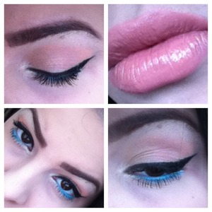 Coral eyeshadow, blue shadow on lower lash line, dramatic winged liner. 