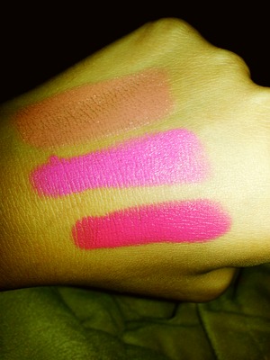 Top to bottom : Milani's "nude creme #26" , Mac's "candy yum-yum" & wet n wild's "don't blink pink #966" 