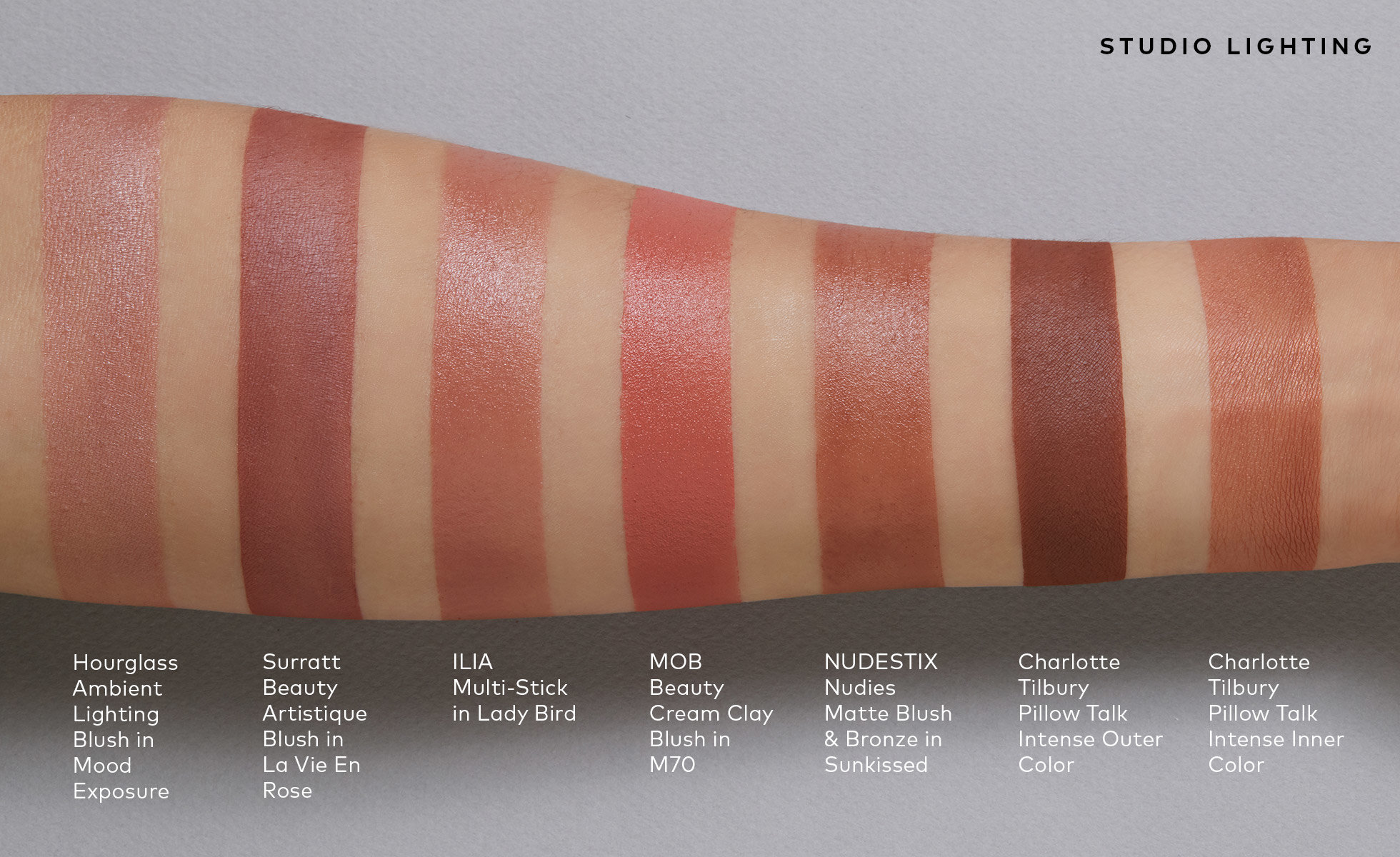 Swatches: Blushes for Olive Skin Tones in studio lighting
