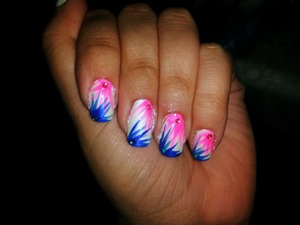 Nail design. Blue Pink White. Feathery. Feathery. Nail gems. Striper brush was used. 