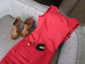 Cocktail Chic. Coral backless Zara dress, accessories, brown Tory Burch heels