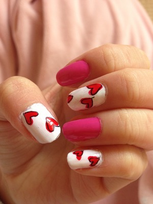 pink white heart art nails;)Do u like it?
