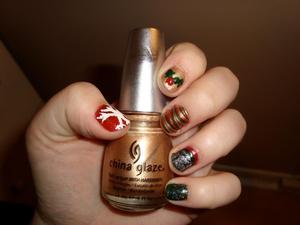 my really lame christmas nails i did before my exams were over. the water marble nail turned out good though! (the middle finger) nails weren't in the best shape here i'm afraid. i used several polishes to do all these nails.
