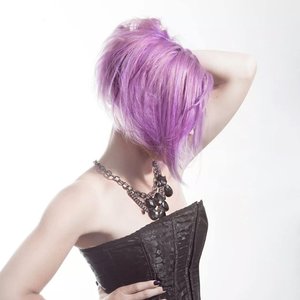 purple hair lavender hair pastel purple hair a-line haircut edge short hair rocker look photoshoot pravana