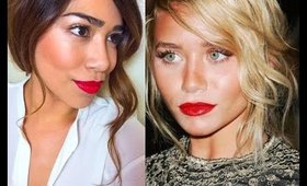 Ashley Olsen's red lips and messy ponytail