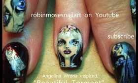 robin moses paints Angelina Wrona art on nails. gothic doll nail art tutorial design 728