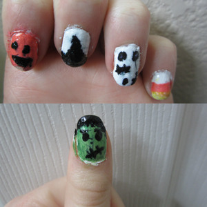 My first attempt at some hard nail art! I did Frankenstein, a pumpkin, a witch hat, Frankenweenie, and candy corn.