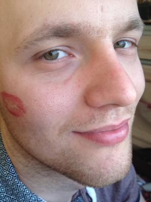 This is my gorgeous fiancé. As you can see, I've marked him with a special kiss. Just so everyone knows he's mine and mine only! I just happened to be wearing dark pink lippy :))
