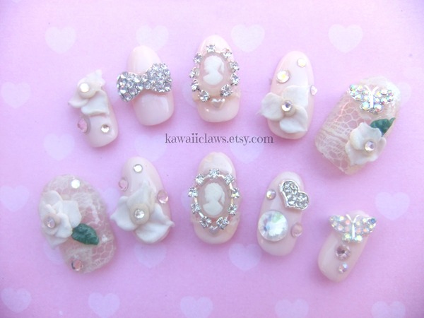 Vintage Lace Cameo Bridal nails | Katherine A.'s (kawaiiclaws) Photo ...